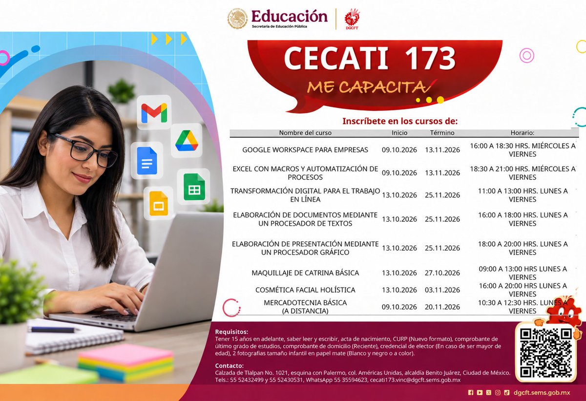 173Cecati's tweet photo. Últimos días de #Inscripción para los #cursos del #cecati173 de #ofímatica #word #PowerPoint #workspace #Excel con #Macros #Maquillaje de #catrina #CosmetologíaFacial y #Mercadotecnia.
Contáctanos al 55 3559 4623 y 55 52432499, calzada de Tlalpan 1021, CDMX. https://t.co/1TVacfctEY