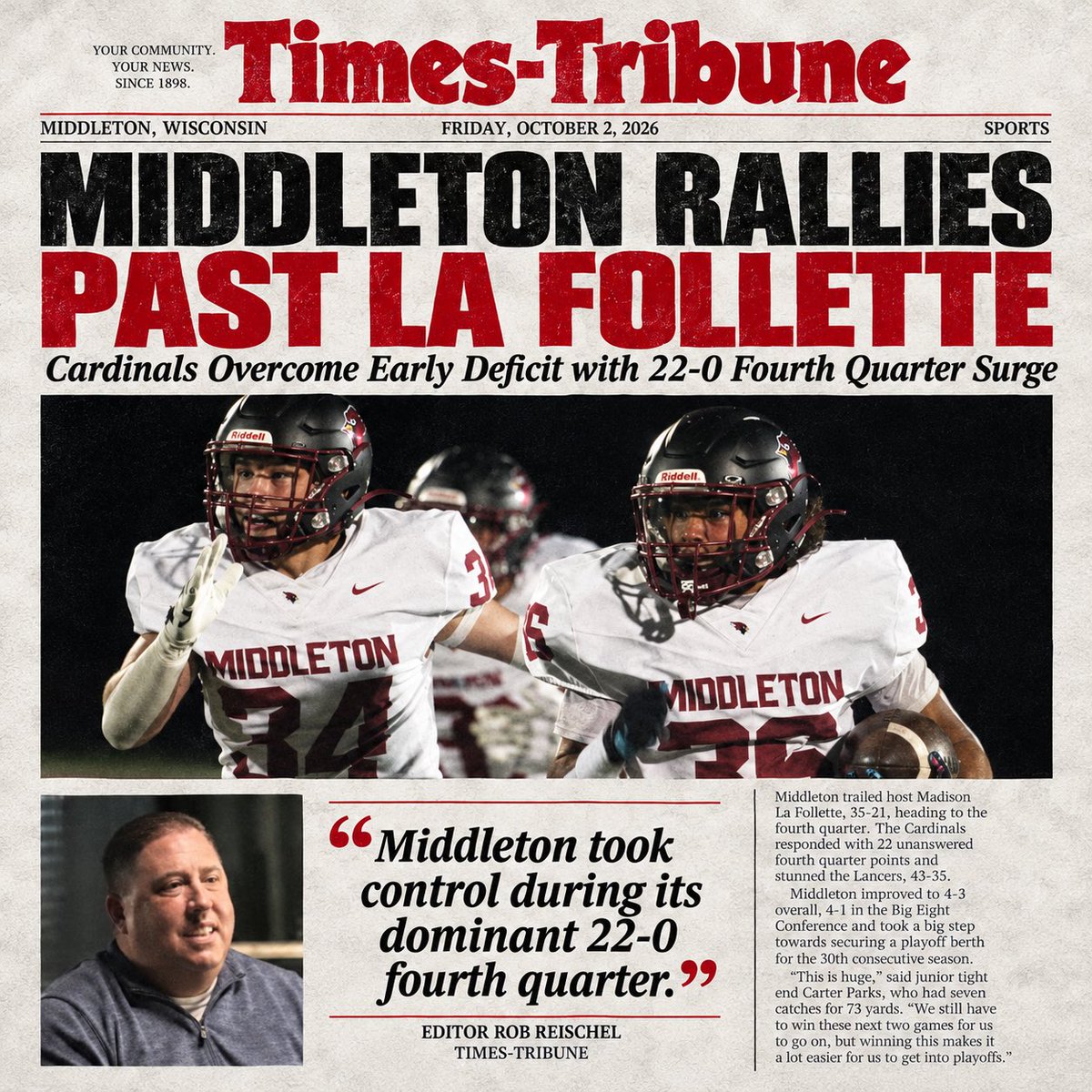 middletonhsfb's tweet photo. Thank you Middleton Times for covering our game Friday night. Check out the full article by editor @robreischel below!

Link: https://t.co/JFcjJsek0n https://t.co/ar2xf0ZhrU