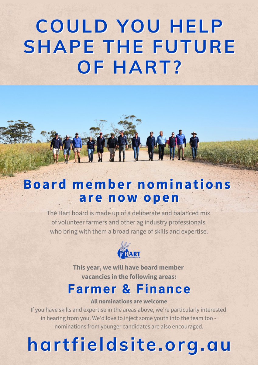 HartFieldDay's tweet photo. ⏰ LAST CHANCE to join the Hart Board!

Nominations close Monday 12 October at 5pm.

Keen to get involved? Find out more 👉 https://t.co/YNMvdT4nvI

Questions? Call Chip on 0427 662 207 or Sandy on 0427 423 154. https://t.co/GzIjBtD3yX