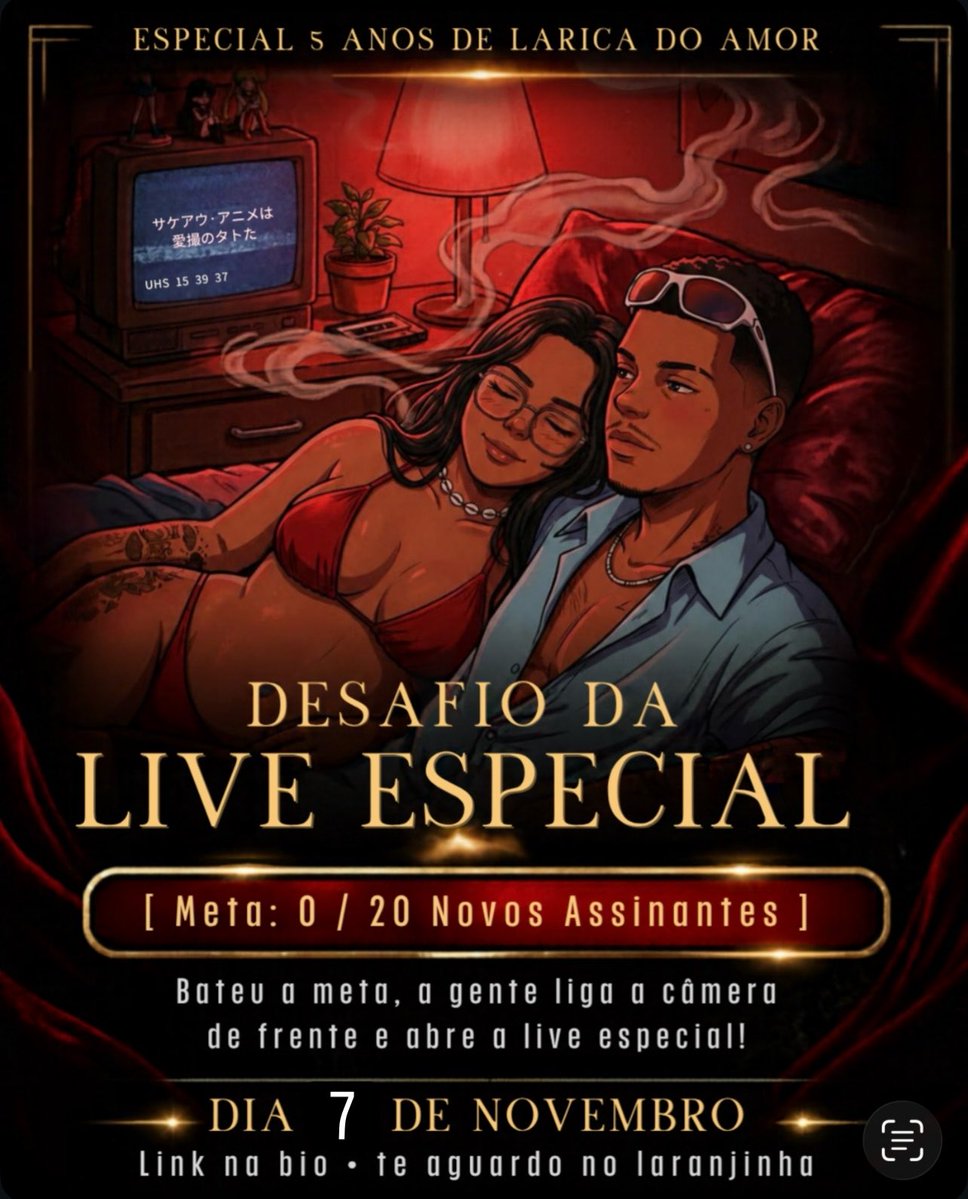 laricadeamorofc's tweet photo. ENTÃO VAMOS FAZER UM DESAFIO.
🎯 Se chegarmos a 20 NOVOS INSCRITOS no nosso Privacy…
vamos fazer uma LIVE ESPECIAL DE 5 ANOS em novembro.
E sim…
vamos mostrar nossos rostos. 👀
MAS ATENÇÃO:
Será uma ocasião especial de 5 anos.
Depois, o mistério continua. 😈
🎯 META: +20 INSCRI https://t.co/OkxBo3n2CA