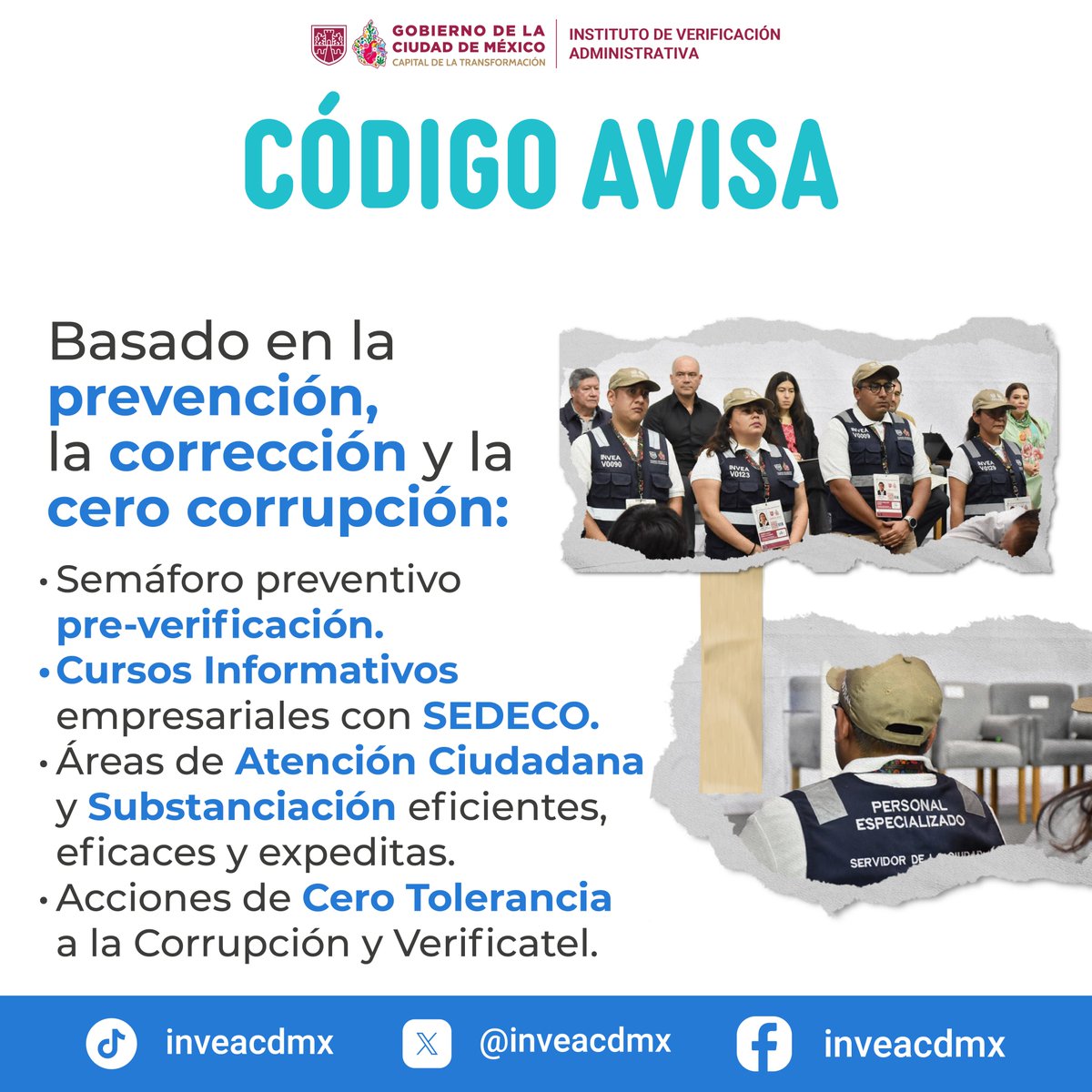 inveacdmx's tweet photo. ¿Sabes qué es el #CódigoAVISA? 👀❓
Es la forma en que el Instituto de Verificación Administrativa acudirá a los establecimientos para tratar de orientar para que resuelvan sus problemáticas. 📄🙌🏻
En el #INVEA seguimos trabajando con la misma dedicación que siempre, pero con procedimientos más seguros y eficacez. 😌🏙️