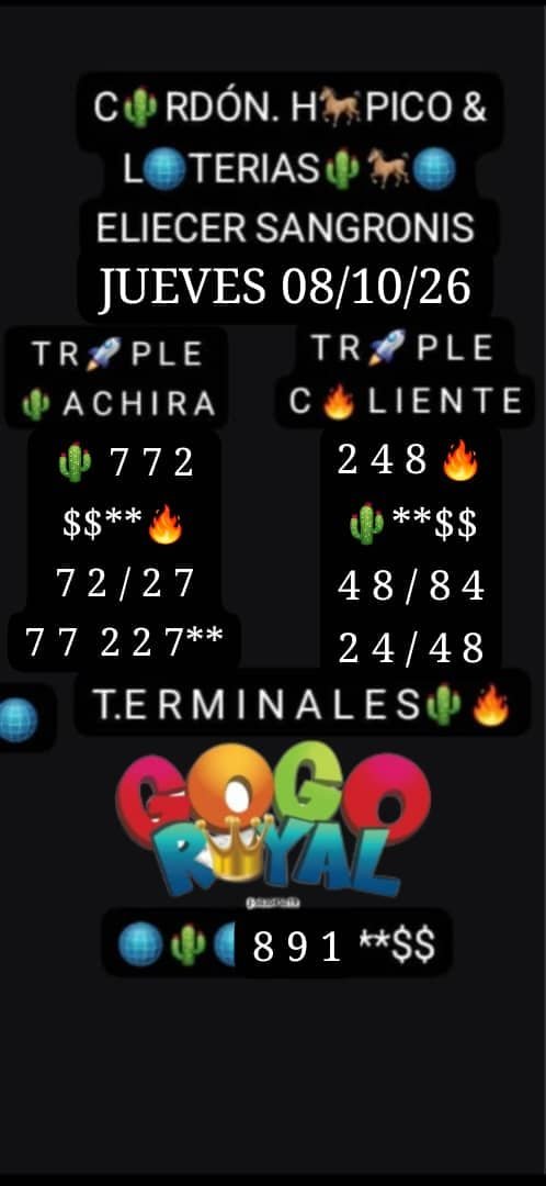 Eliecersangroni's tweet photo. ELIECER SANGRONIS 🌵🐎🌐
#JUEVES 08 #OCTUBRE 2026
#GOGOROYAL @apuestasroyall
#RULETAROYAL #Lotto #Triples
INGRESA A WWW. https://t.co/AhobR3Wkwr Y REALIZA TODAS TUS JUGADAS DEPORTIVAS #FUTBOL #MLB #BEISBOL EN
#GogoRoyal GANAS Y COBRAS SEGURO #COMPARTE #RT https://t.co/3goXCShW7Q