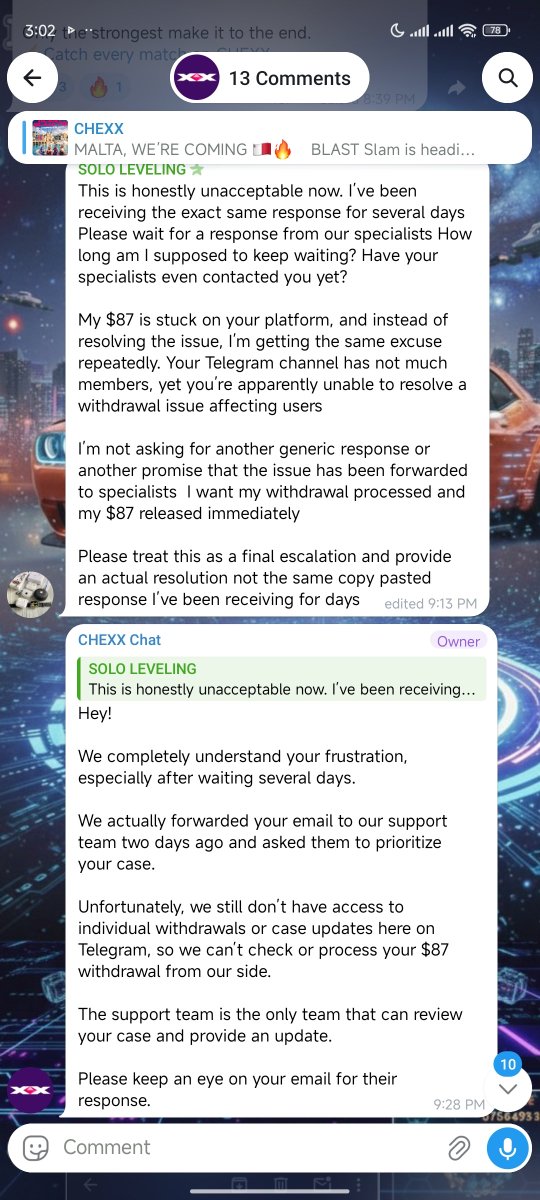 Codavayt's tweet photo. @chexx_bet scam app, still holding our money with no reason

@CPFC @FBI please check into the matter and help us. Since 14th September deposited did wagering as usual but couldn't withdraw again. 

@Trustpilot @AskGamblers https://t.co/zhg2HGrCnK