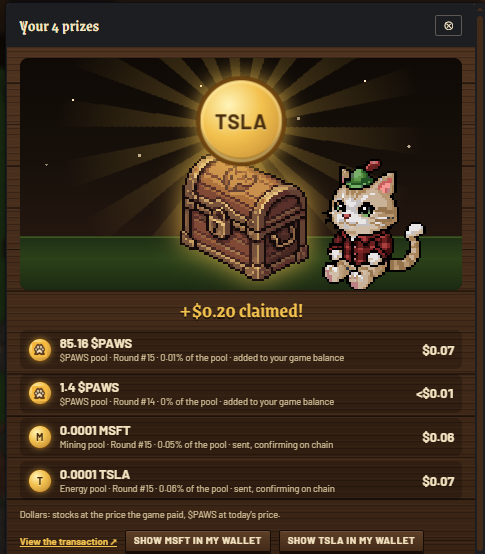 NexGenDreamer's tweet photo. Just claimed another Reward Round payout in @pawsofsherwood . Getting fractional tokenized stocks (MSFT &amp; TSLA) for running idle cat shifts hits different 🧵👇

https://t.co/LiA5d8dGyN

robinhood:0x3183d125610725e1b507fc78ae5a16376609495f https://t.co/GsdxZMKxyd