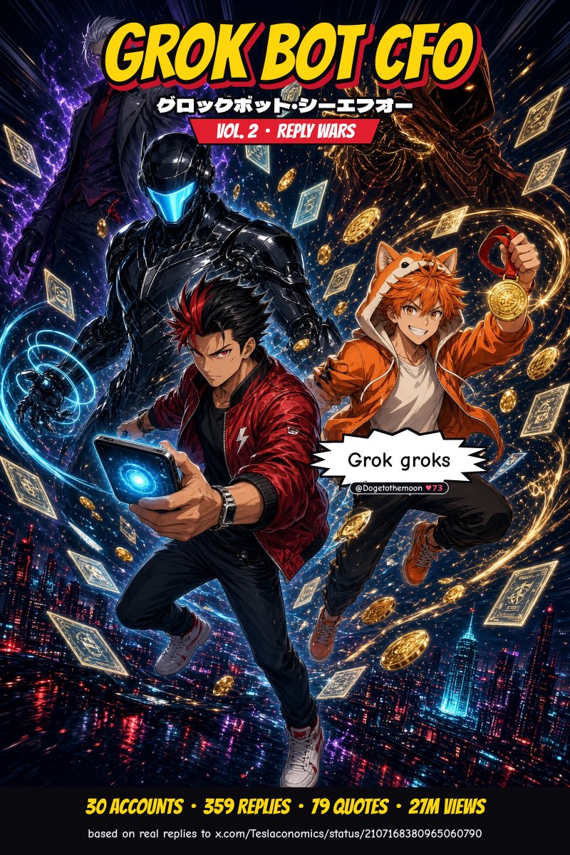 Teslaconomics's tweet photo. I just turned my own comment section into a full-color Japanese manga using Grok Bot. So if you replied to my CFO post, you might actually be in a comic book now.

Grok Bot can now search, read, and monitor 𝕏, so I quote reposted that post and tagged @bot with one request…
read the replies and turn the whole conversation into a manga. It went through around 477 replies and quote posts, picked out the funniest comments, and turned the arguments into battles.

Being able to read what people are actually saying on 𝕏 opens up some pretty fun possibilities beyond asking a bot questions.

Tag @bot on one of your posts and try it. 

Super cool feature.