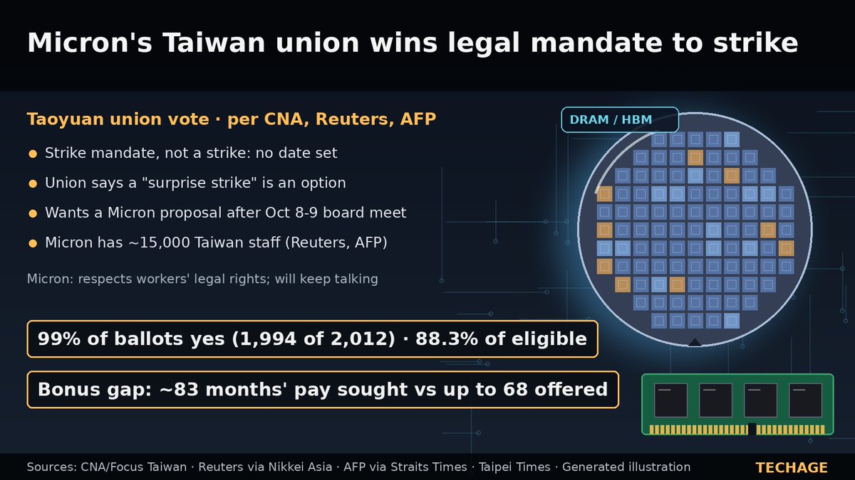 techageone's tweet photo. Strike threat at an AI-memory hub: Micron's Taoyuan, Taiwan union won a legal mandate to strike, 99% of ballots in favor, per CNA/Reuters. No date is set; a "surprise strike" is an option. Union seeks a bonus of ~83 months' pay; Micron's offer tops out at 68.
#Techage #Micron #Semiconductors #AI #Taiwan