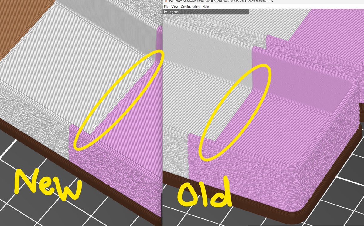 abbymath's tweet photo. I have a @PrusaSlicer question/bug report.

On June 24, I saved a .3mf file with "Paint-On Fuzzy Skin" where I want only the outer walls fuzzy. I'm now running PS version 2.9.6 (released June 25, so this wasn't the version I had when slicing originally). Today when I slice the model, there is now fuzzy skin on the in between parts, as shown in the screenshot. I tried re-painting the fuzzy skin and it still creates the extra "fuzz" in the middle that I don't want.

I want to set up new prints, but I don't want it printing like shown in the "new" version. The "old" is my original bgcode. I don't want to install an "alpha" version of PS to test it, but I could do that. Any other suggestions? 🤷‍♀️