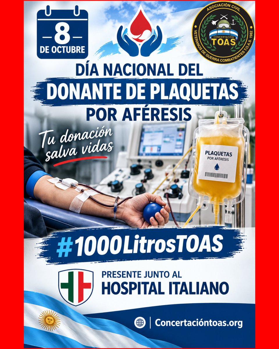 ToasPrensa's tweet photo. #8deOctubre #1000LitrisTOAS @hta_italiano @ConcertaTOAS Donar salva vidas #sumate 🩸💪🪖🇦🇷 +54 9 11 5830-9708 Hospital Italiano te esperamos con https://t.co/GdfPQxYd2V https://t.co/bDhXHT7aES