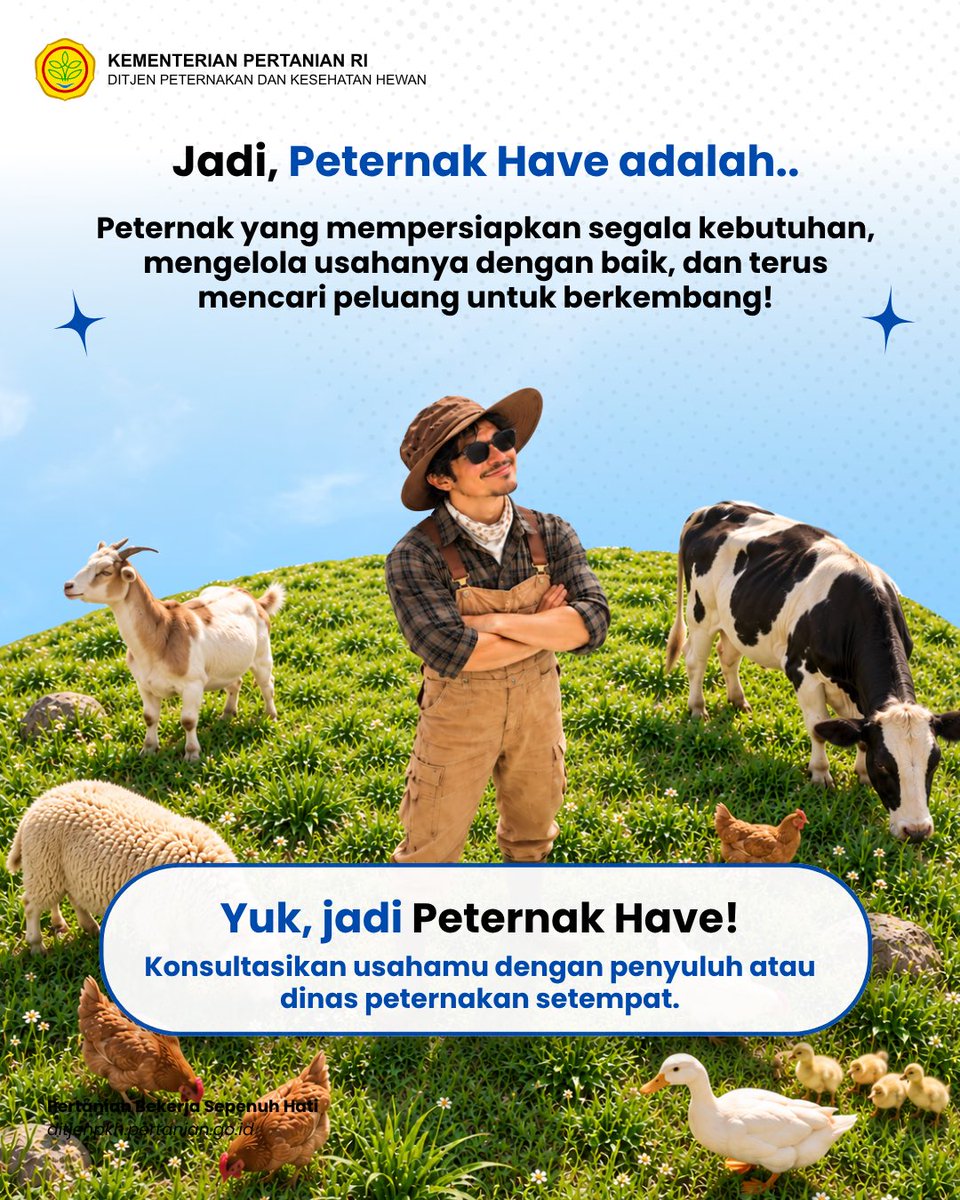 ditjen_pkh's tweet photo. #SobatTernak, Ciri-ciri peternak hebat? Bukan cuma punya ternak, tapi juga punya bekal untuk masa depan. Mulai dari pengetahuan, keterampilan, pencatatan usaha, hingga kemampuan mengelola hilirisasi hasil peternakan.
Kira-kira, apa saja ciri-ciri peternak hebat? Yuk, simak infografis berikut dan cek apakah Sobat Ternak sudah punya bekalnya!
#KementanRI #DukungPeternakLokal #SwasembadaPangan