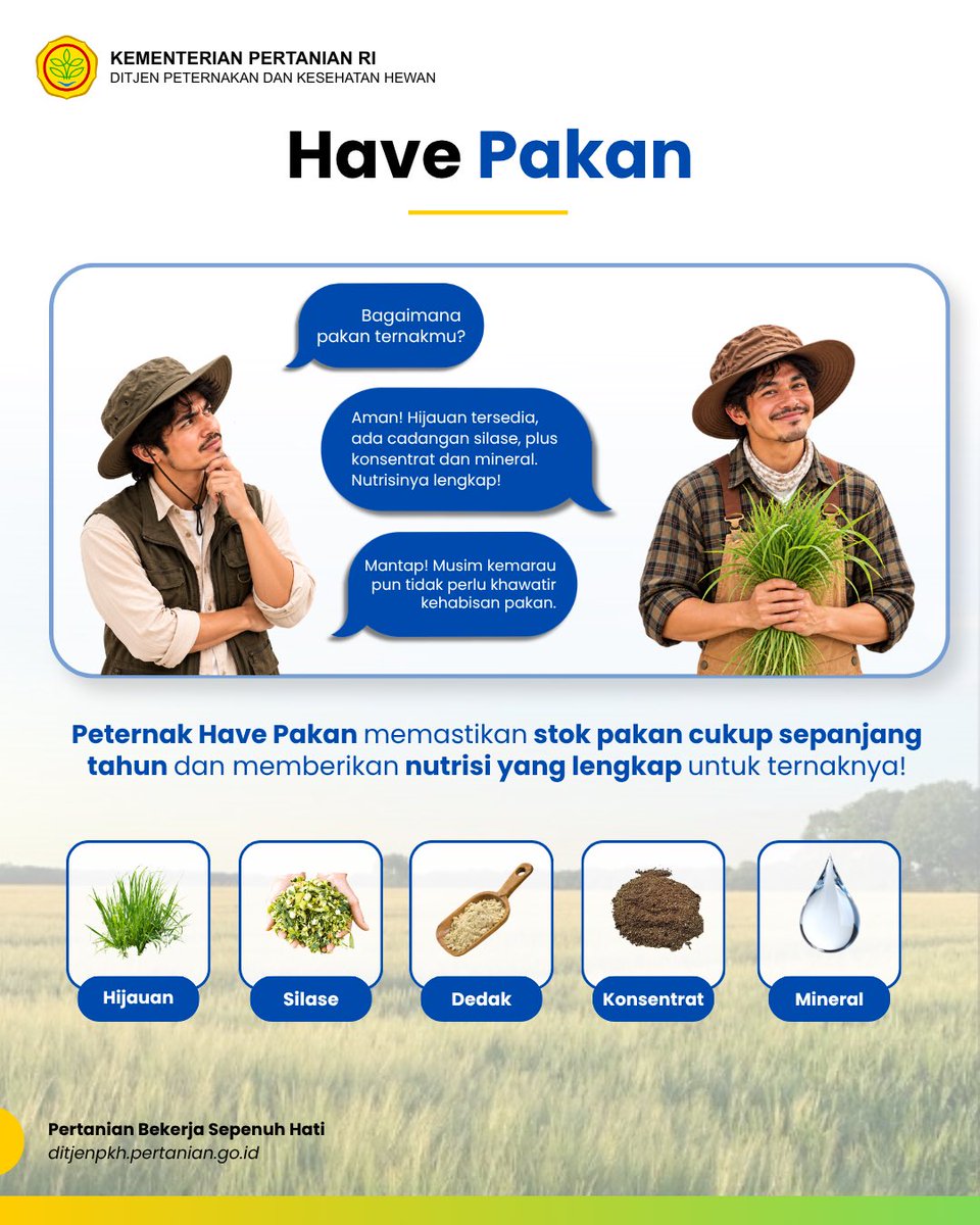 ditjen_pkh's tweet photo. #SobatTernak, Ciri-ciri peternak hebat? Bukan cuma punya ternak, tapi juga punya bekal untuk masa depan. Mulai dari pengetahuan, keterampilan, pencatatan usaha, hingga kemampuan mengelola hilirisasi hasil peternakan.
Kira-kira, apa saja ciri-ciri peternak hebat? Yuk, simak infografis berikut dan cek apakah Sobat Ternak sudah punya bekalnya!
#KementanRI #DukungPeternakLokal #SwasembadaPangan