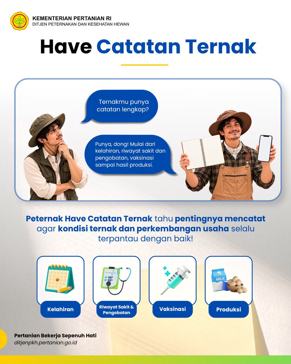 ditjen_pkh's tweet photo. #SobatTernak, Ciri-ciri peternak hebat? Bukan cuma punya ternak, tapi juga punya bekal untuk masa depan. Mulai dari pengetahuan, keterampilan, pencatatan usaha, hingga kemampuan mengelola hilirisasi hasil peternakan.
Kira-kira, apa saja ciri-ciri peternak hebat? Yuk, simak infografis berikut dan cek apakah Sobat Ternak sudah punya bekalnya!
#KementanRI #DukungPeternakLokal #SwasembadaPangan