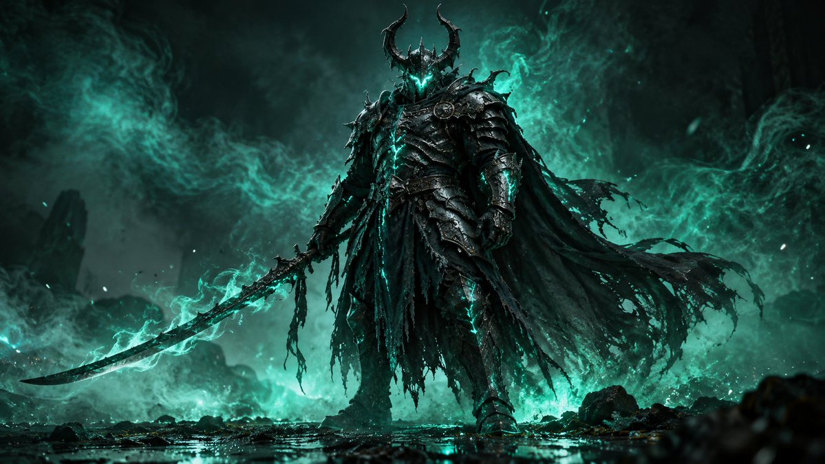 Splinter737's tweet photo. A dark knight forged in shadow and flame, his armor bleeds emerald light, each breath a storm of power. The blade hums with ancient wrath, carving through the mist like fate itself. “The Wraith King” rises, where death kneels and darkness reigns.
#FantasyArt #EpicScene https://t.co/R9vueoOeeb