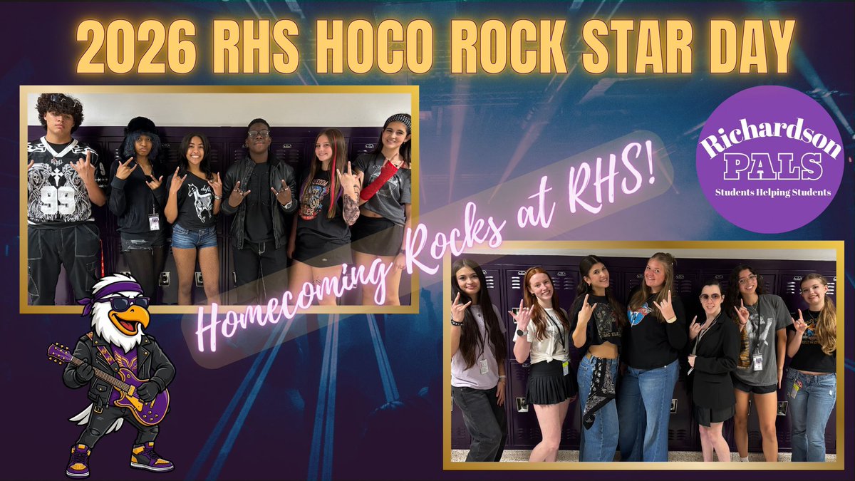 RichardsonHS1's tweet photo. 🎸🤘 ENCORE! ENCORE!
One more round of student rockstars taking center stage! 🎤⭐
Our Eagles PALS brought the looks, the attitude &amp; the energy to Rockstar Day!
ROCK ON, EAGLES! 💜💛 @JonquilWIlson79
#RHSHoCo26 #AlwaysAnEagle #RISDInsiders https://t.co/qoejBgG6dE