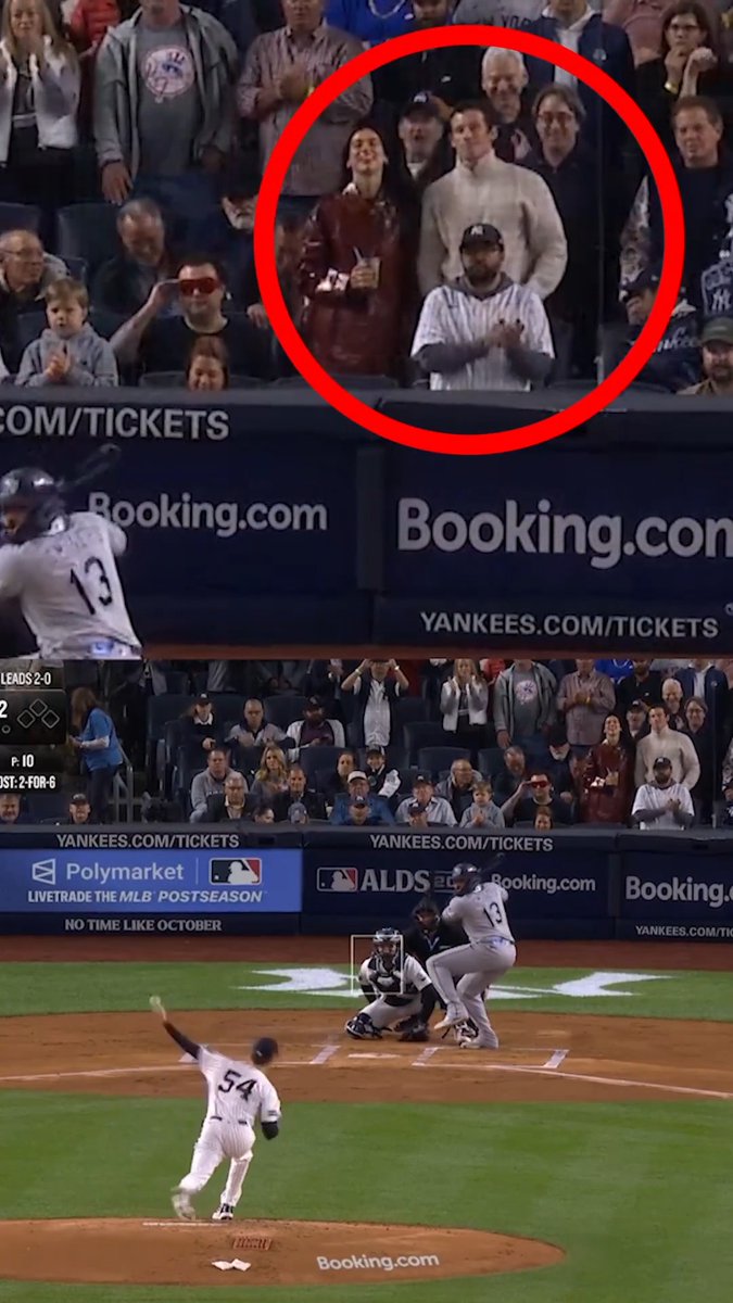 A shirtless man and a woman, circled in red, stand among the crowd at Yankee Stadium's ALDS Game 3, with visible advertisements for "Booking.com" and "YANKEES.COM/TICKETS," while below, batter #13 faces pitcher #54 Max Fried on the field.