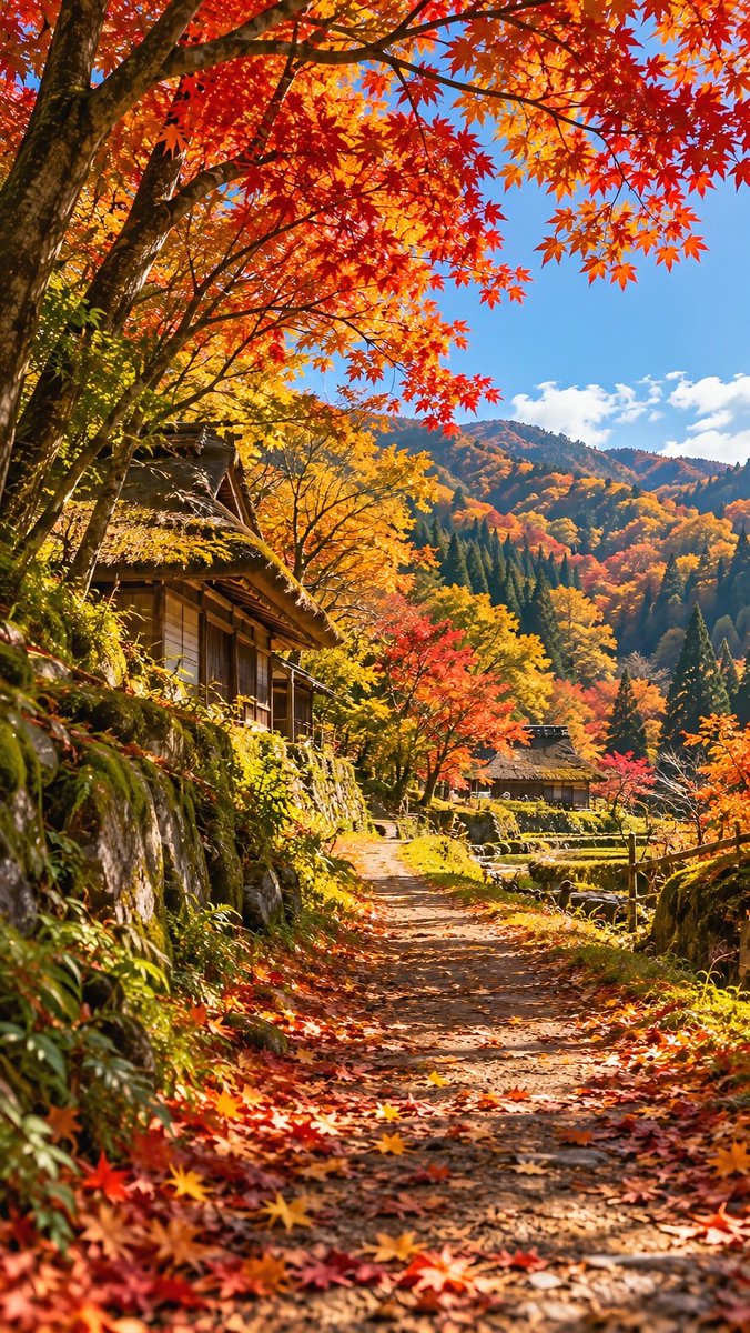 _ai_nature_art's tweet photo. 紅葉のトンネルを抜けた先に、山と古い家🍁こういう秋晴れの紅葉って、やっぱりよいですね。 https://t.co/q1V006abPX