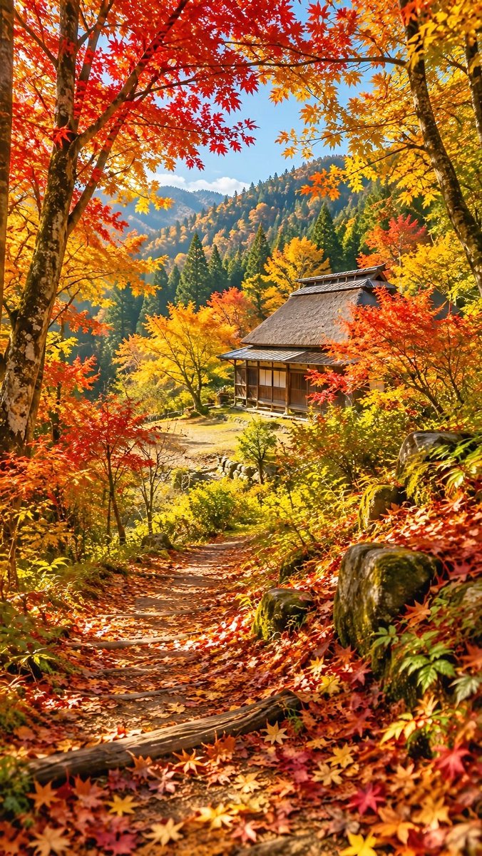 _ai_nature_art's tweet photo. 紅葉のトンネルを抜けた先に、山と古い家🍁こういう秋晴れの紅葉って、やっぱりよいですね。 https://t.co/q1V006abPX
