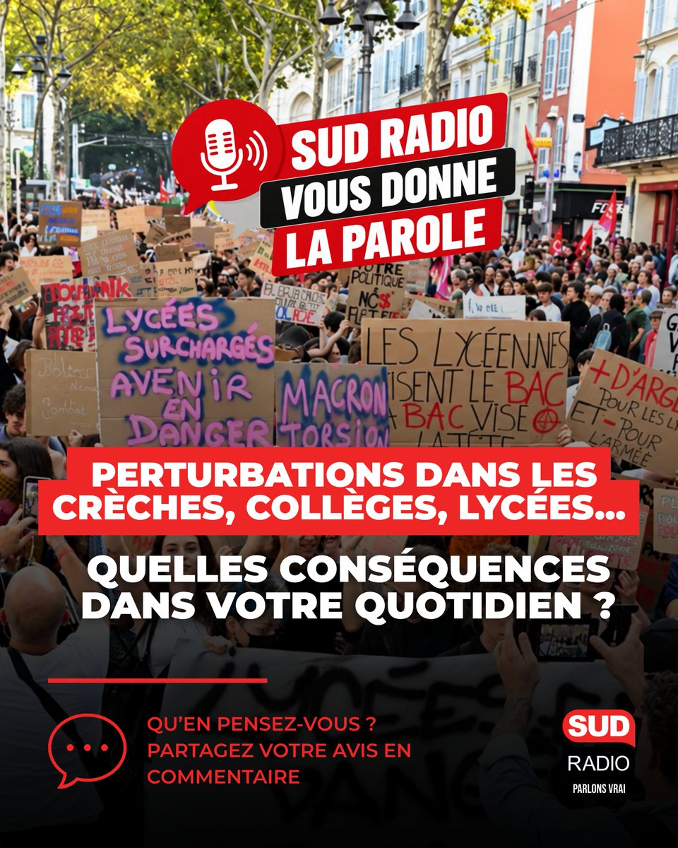 SudRadio's tweet photo. 🔴Perturbations dans les crèches, collèges et lycées : quelles conséquences dans votre quotidien ? #BlocusLycées 

📻 Vos réactions seront reprises dans le #GrandMatin de 7h à 10h avec @JacquesCardoze https://t.co/sAEiDSh6gu