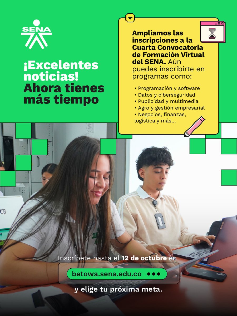 SENAMagdalena_'s tweet photo. 🚨💚 ¡BUENAS NOTICIAS! ¡Ampliamos la convocatoria!

Extendimos el plazo para que puedas consultar la oferta, elegir tu programa y realizar tu inscripción en https://t.co/RS6OGp54D6 

#EstudiaEnElSENA https://t.co/ZG7GbYiVLJ