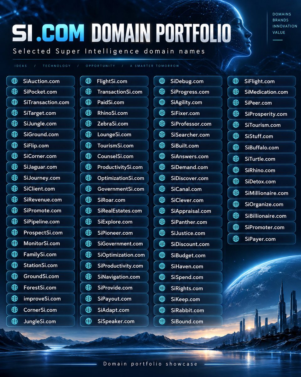 DailyNamesHQ's tweet photo. SI .COM Portfolio Showcase 

#DomainInvesting #Domains #DomainNames #SuperIntelligence #Superintelligence #SI #AI #FutureTech #Tech #DigitalAssets https://t.co/jHAB1M9E33