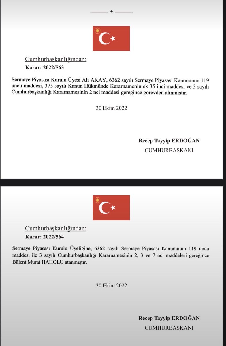 ay_aydogantr2's tweet photo. TERA PORTFÖY 'ün  halka açılmasına karşı çıkan SPK üyesi Ali Akay ile başkan vekili Mutalip Ünal’ın Cumhurbaşkanı Recep Tayyip Erdoğan tarafından görevden alınma yazıları (kaynak: abdülkadir selvi’nin köşe yazısı)

(31.10.2022 tarihli resmi gazetede yayımlanmıştır) https://t.co/22REhUGmhs
