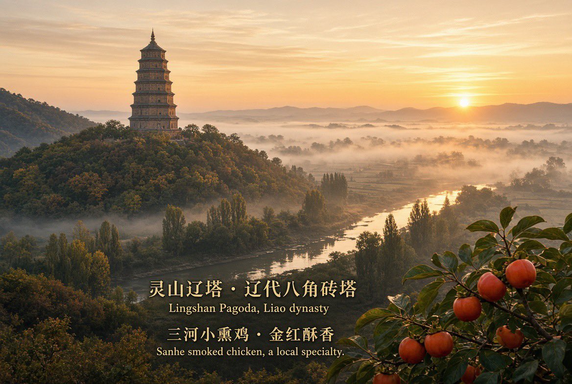 Kolin_Kim's tweet photo. 早安。十月的光，先落到燕山脚下。
今天走到河北省三河市。它在廊坊东北，贴着北京，因泃河、洳河、鲍邱河三条河得名；唐开元四年置三河县，1993年撤县设市。 Sanhe sits where the Yanshan foothills meet the plain. Named for three rivers, it has been a county since 716.
城东北的灵山辽塔是八角砖塔，塔基还留着牡丹纹。下山若遇见三河小熏鸡，色泽金红、香而不腻，是京津一带走亲戚常带的味道；蒋福山的水蜜桃，也是秋天的甜。 The Liao-dynasty Lingshan Pagoda watches the hill; Sanhe smoked chicken is the local taste people carry home.
今日晴，11–26℃，南风转东南风、微风。风很轻，正好走路。愿你这一早，也被一条清水轻轻叫醒。
#早安 #中国县级市 #三河市
