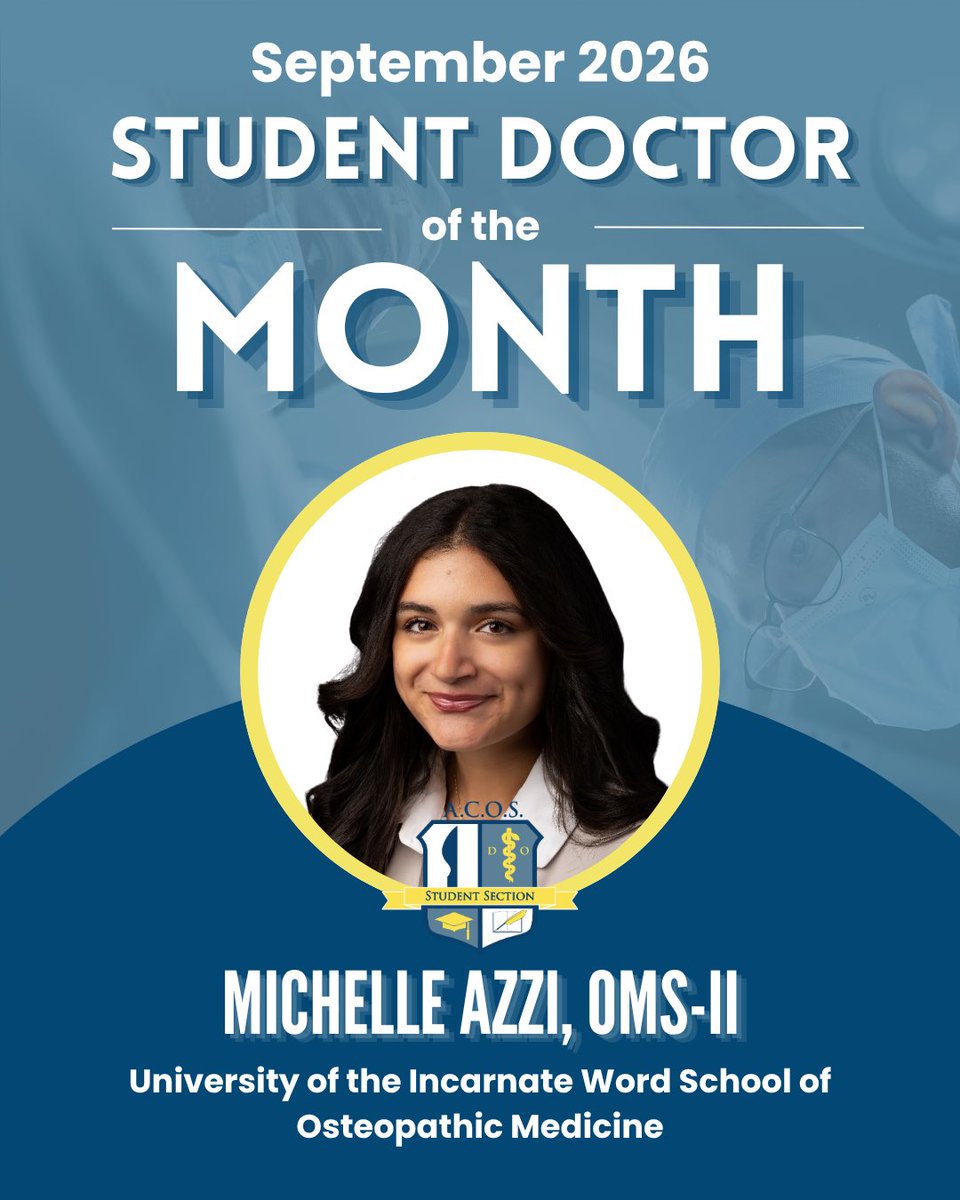 ACOS_MSS's tweet photo. Congratulations to September's Student Doctor of the Month, Michelle Azzi, OMS-II from UIW-SOM! 🎉

Michelle has distinguished herself through her exceptional leadership, dedication to surgery, and commitment to creating meaningful opportunities for her peers and community. As President of her ACOS-MSS chapter, she has gone above and beyond to organize educational, interactive, and service-focused initiatives, including surgery simulation experiences, practice lab exams, fun surgical clinics, and a successful Teddy Bear Surgery Clinic with the San Antonio Ronald McDonald House. Through these efforts, she has supported students across multiple class years while also expanding her chapter’s impact within the San Antonio community. Beyond her accomplishments, Michelle is known for being a dependable, positive, and compassionate leader who is always willing to support her board and those around her. Her passion for surgery, dedication to service, and willingness to take on new responsibilities have made her an outstanding representative of ACOS-MSS. 

We are proud to recognize Michelle for her leadership, hard work, and commitment to serving others! 👏