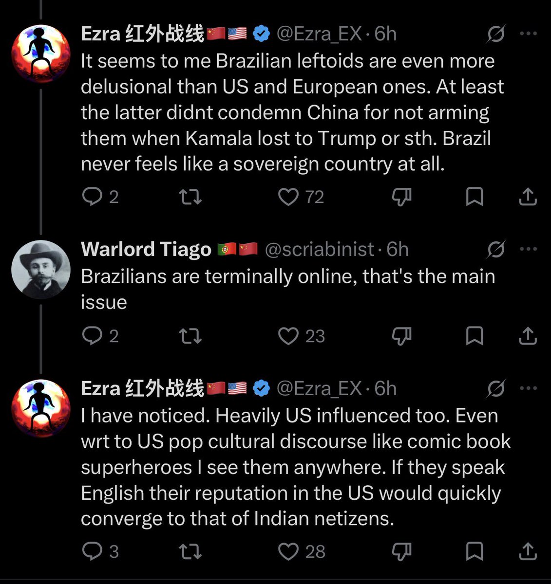 izzynobre's tweet photo. A parte mais peculiar dessas eleições, que tá sendo um experimento antropológico mesmo, é que elas fizeram os chineses e os comunistas americanos olharem pra gente. Geralmente esses caras não prestam mta atenção na gente. Mas dessa vez prestaram 

Nisso mtos deles interagiram pela primeira vez c a esquerda brasileira. Leram seus posts. Viram os pedidos de intervenção chinesa.

E a comunidade esquerdista gringa IMEDIATAMENTE chegou à mesma conclusão do direitista médio:

"A esquerda brasileira caras são um bando de descolado da realidade cronicamente online priorizando maluquices, tem uma sede inexplicável por messianismo político e tem todas as suas pautas importadas de campus universitário americano das Karens brancas"

Até os COMUNISTAS PORTUGAS se uniram na alopração 

Tem noção disso? Os caras estão sendo massacrados pela comunidade esquerdista internacional. 

É o dia todo só paulada na cabeça