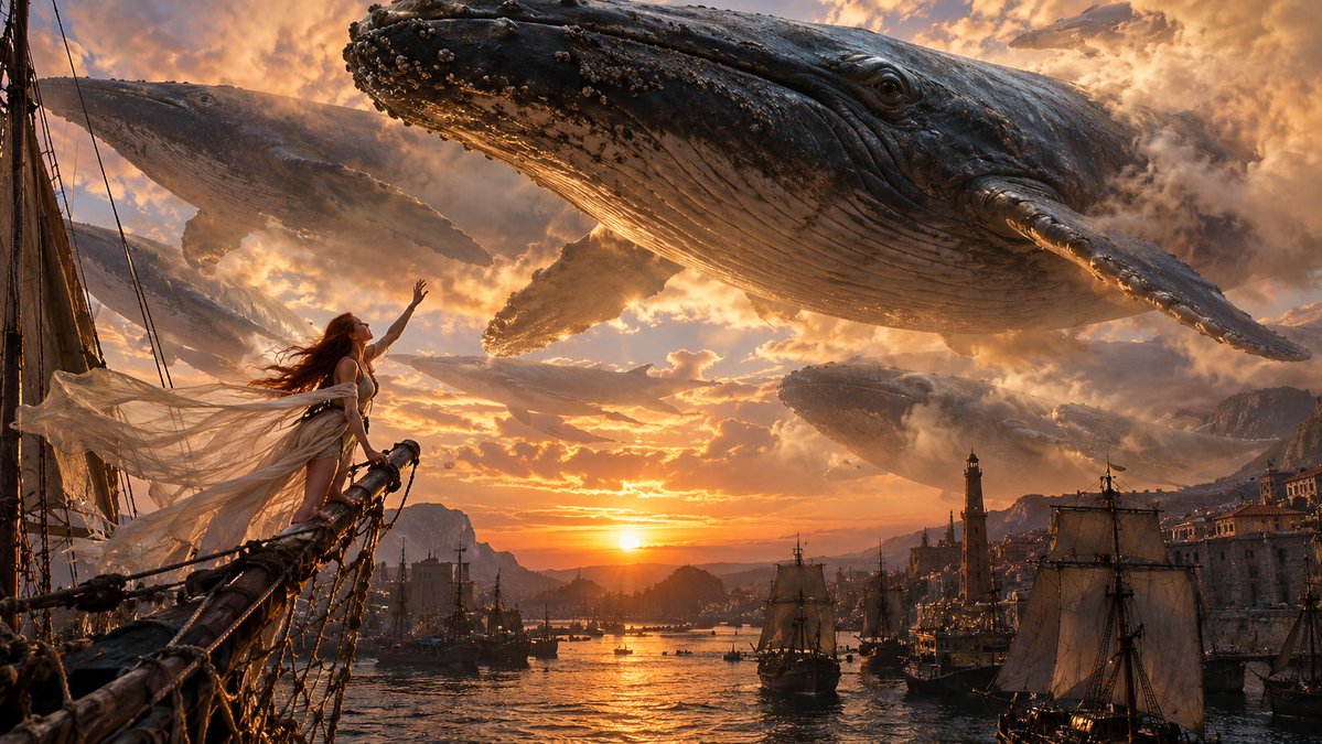 Splinter737's tweet photo. Sky whales drift through the dawn above Naya’s outstretched hand, titans of the clouds gliding over a city of sails and stone. The horizon burns gold as wonder takes flight. “Sky Whales and Naya” — a dream between sea and sky.
#FantasyArt #EpicScene https://t.co/5eH3FDAnm3