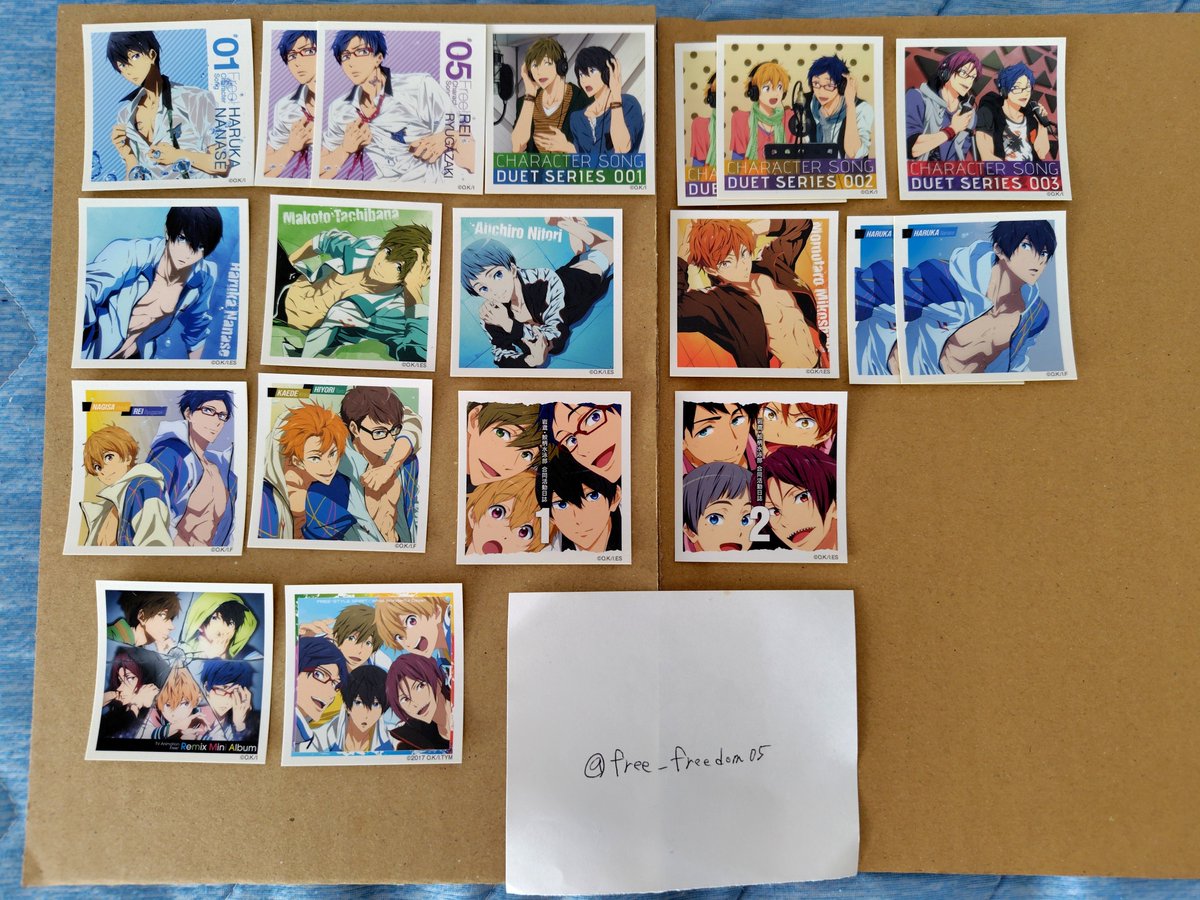 free_freedom05's tweet photo. 【交換・譲渡】Free! ランダムスクエアステッカーセット
譲→画像①
求→画像②1枚or定価＋送料
遙、真琴、凛、宗介は無印を各1枚ずつお引き取りください。
鳥取昼公演前でしたら手渡し可能です。
郵送交換orゆうちょ&amp;郵送
難しいと思いますが検索からでもお気軽にお声掛けください🍀 https://t.co/xgs2Ck16ty