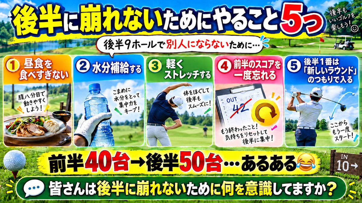 golf_roman50's tweet photo. ゴルフって後半9ホールで別人になりませんか？😂

後半に備えてやること5つ⛳️

①昼食を食べすぎない
②水分補給する
③軽くストレッチする
④前半のスコアを一度忘れる
⑤後半1番は「新しいラウンド」のつもりで入る

前半40台→後半50台…
これ、何度やったことか😂 https://t.co/rvAkUEmnxm