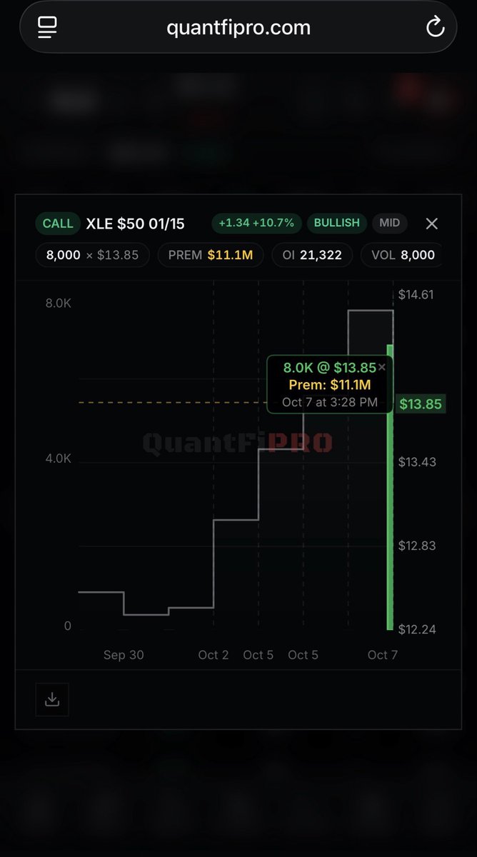 TopherGotWifi's tweet photo. $XLE just before the close. Alert in the @QuantFiPro terminal. $XLE calls. 8,000 calls at $50 strike for 1/15. 

Just prior to that, 8,000 calls at $50 strike for 1/15. 

A total bet of $26 million. 🫡 https://t.co/tIJsBcqKxO