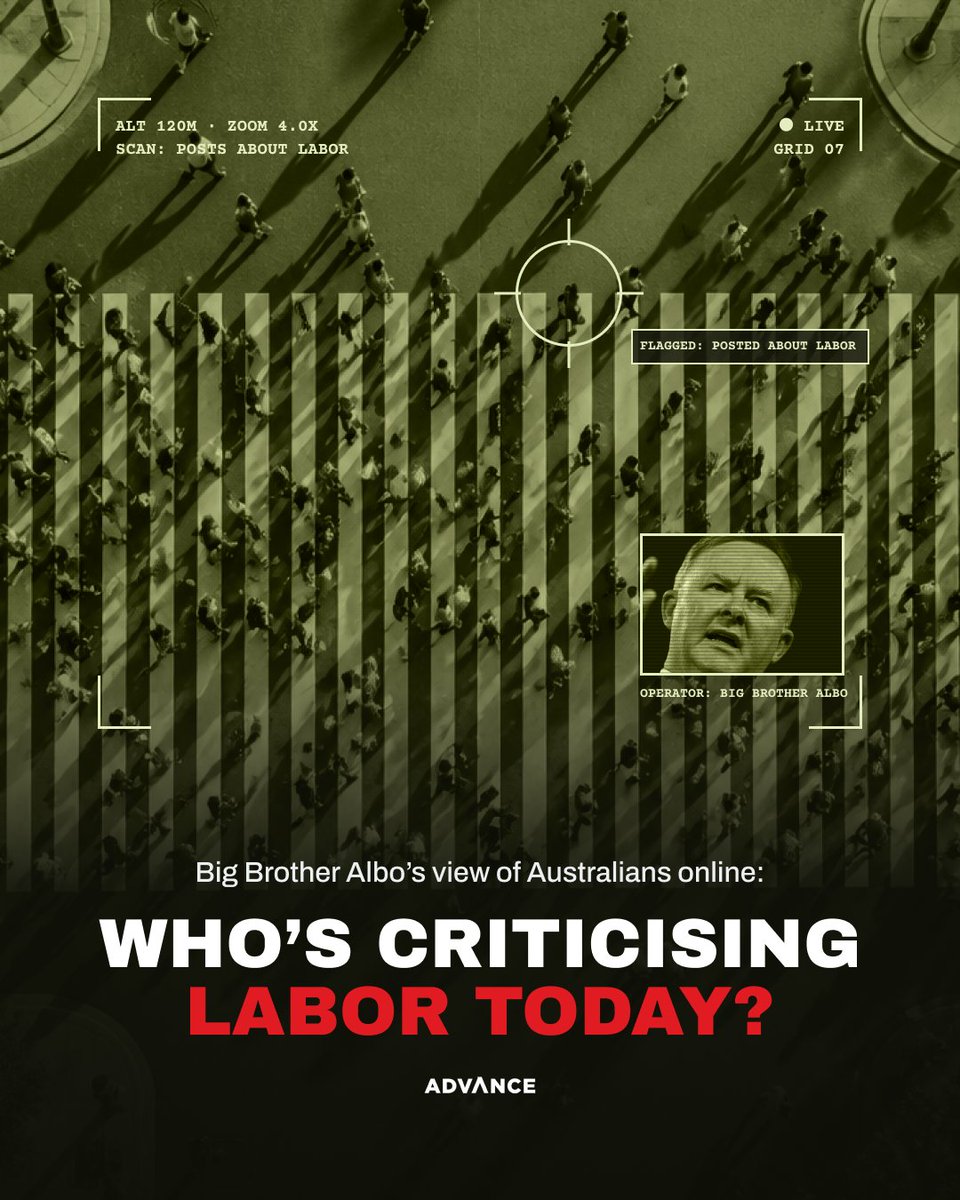 FairAusADV's tweet photo. Big Brother Albo’s view of Australians online, from up high and zoomed in, asking one question: who’s criticising Labor today? https://t.co/J0IQmID7eZ