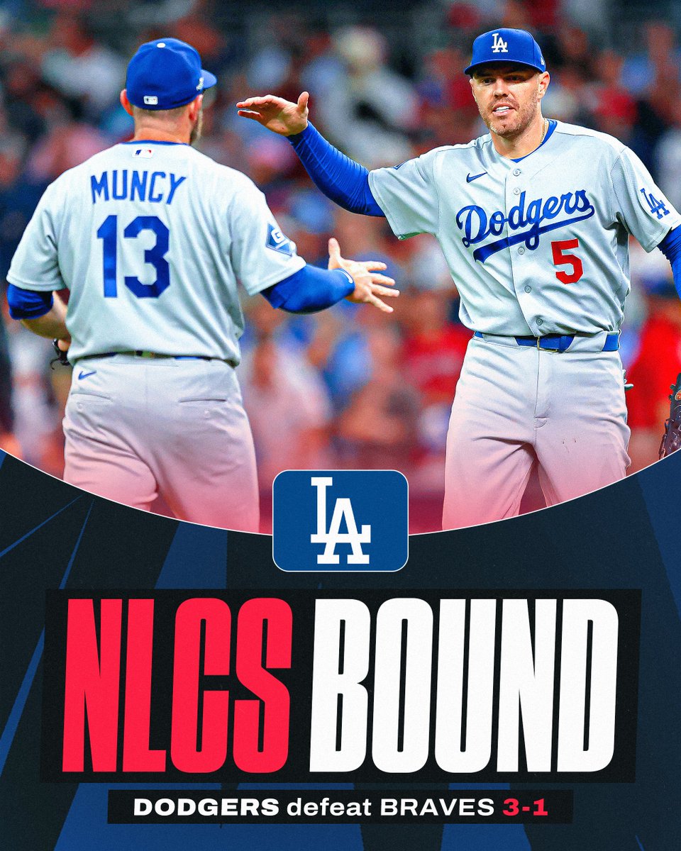 theScore's tweet photo. THE DODGERS ELIMINATE THE BRAVES IN 4 TO BOOK THEIR SPOT IN THE NLCS 🚨 https://t.co/021HA5xcY6