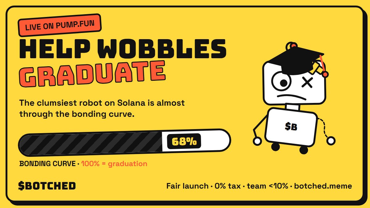botchedxc0in's tweet photo. 2 hours ago, a clumsy robot fell onto Solana.

Now $BOTCHED is 68% through the bonding curve. 🤖

✅ Fair launch, 0% tax, no presale
✅ Team under 10%, all wallets public
✅ Weekly wXRP for 500K+ holders, from fees

Help WOBBLES graduate. 👇

CA: 4ofgcvX9B78XNPqGdPYcNdkGkCAkNnaHR524iPJMpump