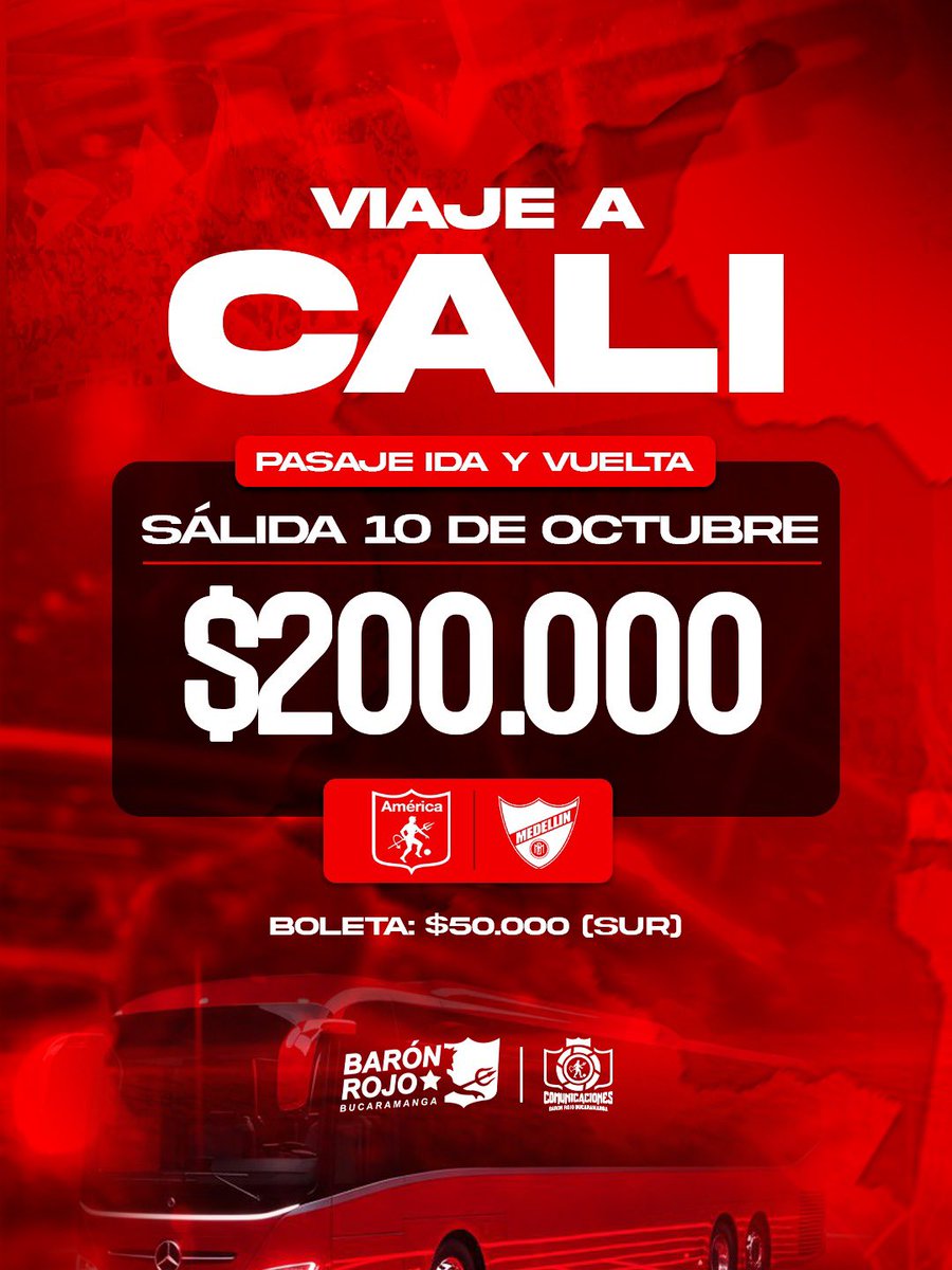 BRBmangaOficial's tweet photo. La Caldera del Diablo nos espera. Vamos todos por la clasificación🔥

🏆 Liga Betplay - Fecha 14
🆚 Medellin

📆 Sálida: Sábado 10 de octubre
💰 Precio: $200.000 (ida y vuelta)
🎟️ Boleta: $50.000 (Sur)

¡A todo lado, es a todo lado!
BARÓN ROJO BUCARAMANGA 👹 https://t.co/I0Wj7uaUsu