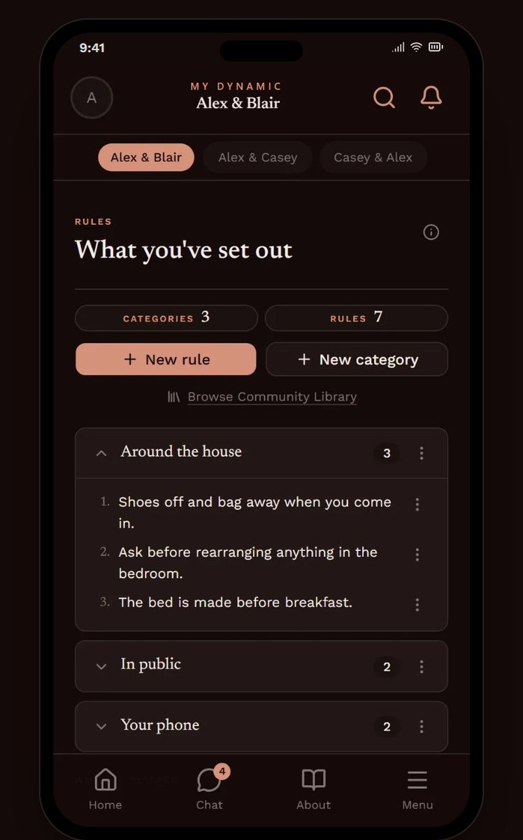 MyDynamicApp's tweet photo. Rules, written down. 📜

Group them by where they apply: around the house, in public, on your phone. Every change is announced, and a slip can be owned up to honestly instead of argued about later.

https://t.co/J33LnfVbrs
#BDSM #DsDynamic #Submission https://t.co/T3fqkzc1fe