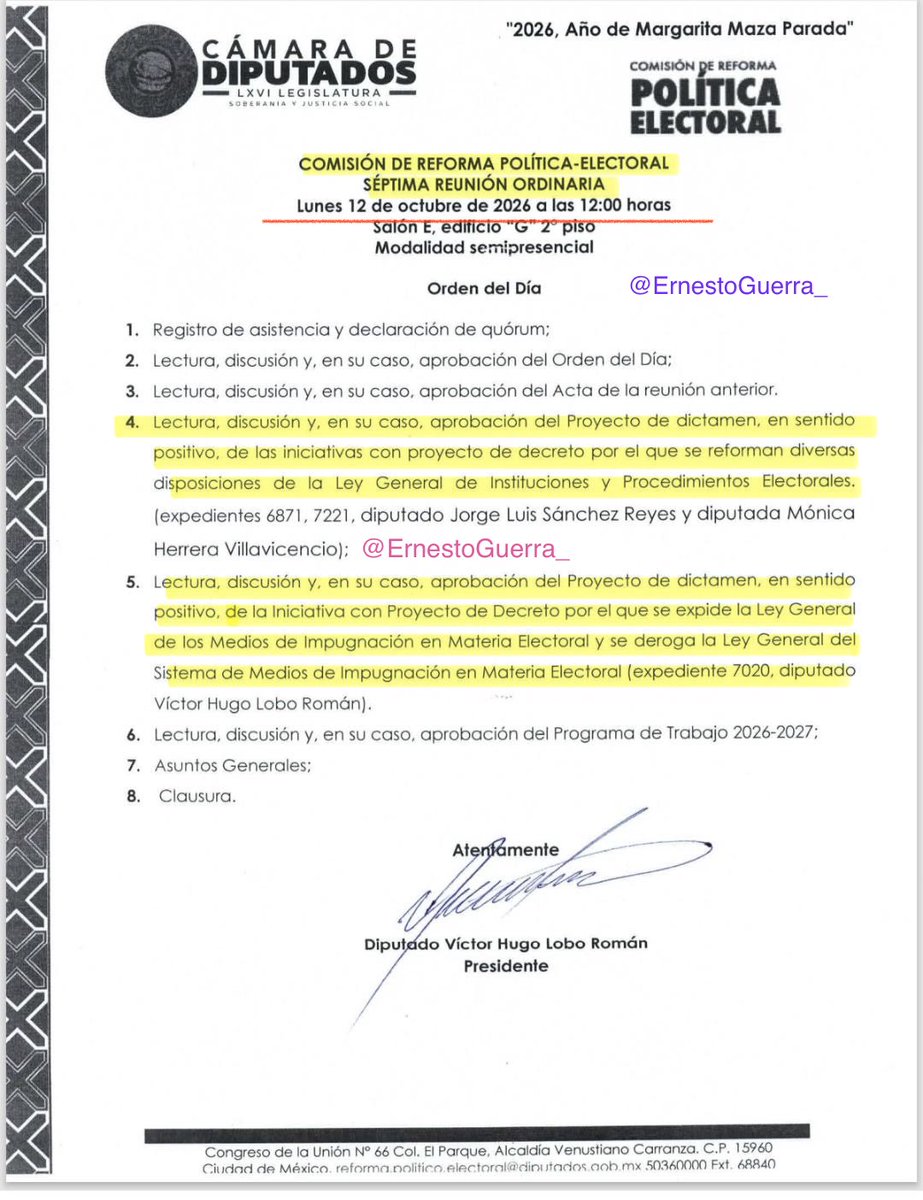 ErnestoGuerra_'s tweet photo. ADVERTENCIA: OJO CON ESTA CONVOCATORIA DE LA COMISIÓN DE REFORMA ELECTORAL EN CÁMARA DE DIPUTADOS

Los puntos 4 y 5 aprueban proyectos de dictamen en sentido positivo de DOS LEYES ELECTORALES

Esto, es INCONSTITUCIONAL si así se aprueba

La razón es simple, el art 105 de CPEUM contiene una prohibición expresa y cito la Carta Magna:

“Las leyes electorales federal y locales deberán promulgarse y publicarse por lo menos noventa días antes de que inicie el proceso electoral en que vayan a aplicarse, y durante el mismo no podrá haber modificaciones legales fundamentales.”

El Proceso Electoral Federal 2026-2027 ya inició el pasado 10 de septiembre de 2026.

De ser cierta esta convocatoria, están aprobando ABRIGAR la LEY General del Sistema de Medios de Impugnación en Materia Electoral para EXPEDIR una nueva Ley General de los Medios de Impugnación en Materia Electoral.

Espero que haya razón y entendimiento de quien convoca y de quienes promovieron estas dos iniciativas en materia electoral.

También espero que esta Convocatoria no sea cierta, NO PUEDEN AFECTARSE los principios que rigen la materia electoral EN PLENO proceso electoral federal en curso y por iniciar VARIOS procesos electorales Locales.

¡¡NO ES UN ASUNTO MENOR EH!!