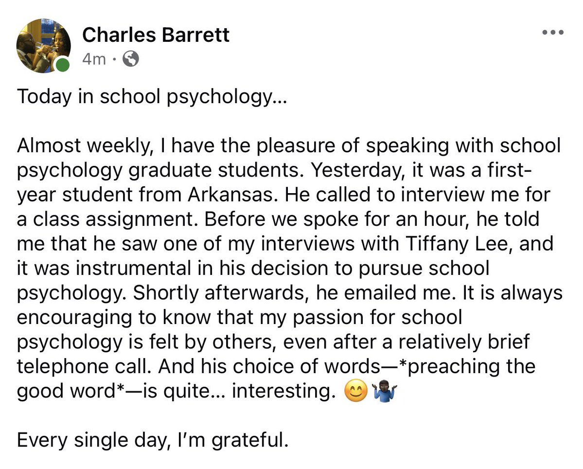 _charlesbarrett's tweet photo. It is always encouraging to know that my passion for school psychology is felt by others, even after a relatively brief telephone call. And his choice of words—*preaching the good word*—is quite… interesting. 😊🤷🏿‍♂️

Every single day, I’m grateful. 

#itsalwaysaboutthechildren https://t.co/loWsOPrzSz