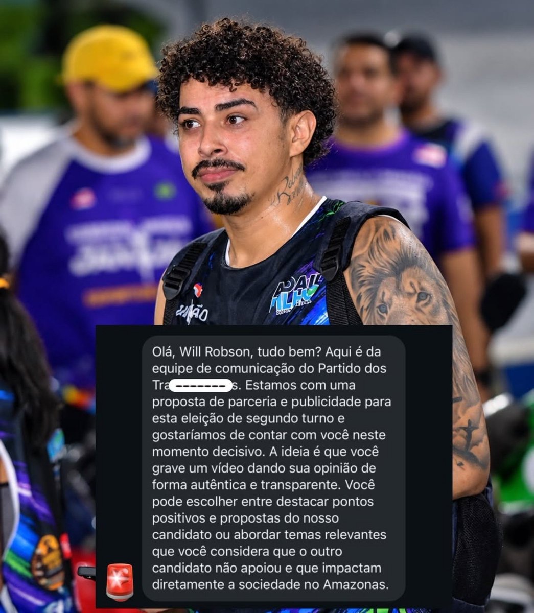 Zack_lope's tweet photo. 🚨 VEJA: Influenciador amazonense diz ter recebido proposta de R$ 100 MIL do PT para produzir conteúdo político durante o segundo turno.

Will Robson publicou prints de uma conversa atribuída à equipe de comunicação do partido, na qual é apresentada uma proposta de parceria e publicidade para a eleição.

Ao perguntar qual seria o valor, recebeu como resposta: “Vamos fechar em 100 mil cadê reels?”. Os prints divulgados não mostram se a negociação avançou ou se algum pagamento foi realizado.
