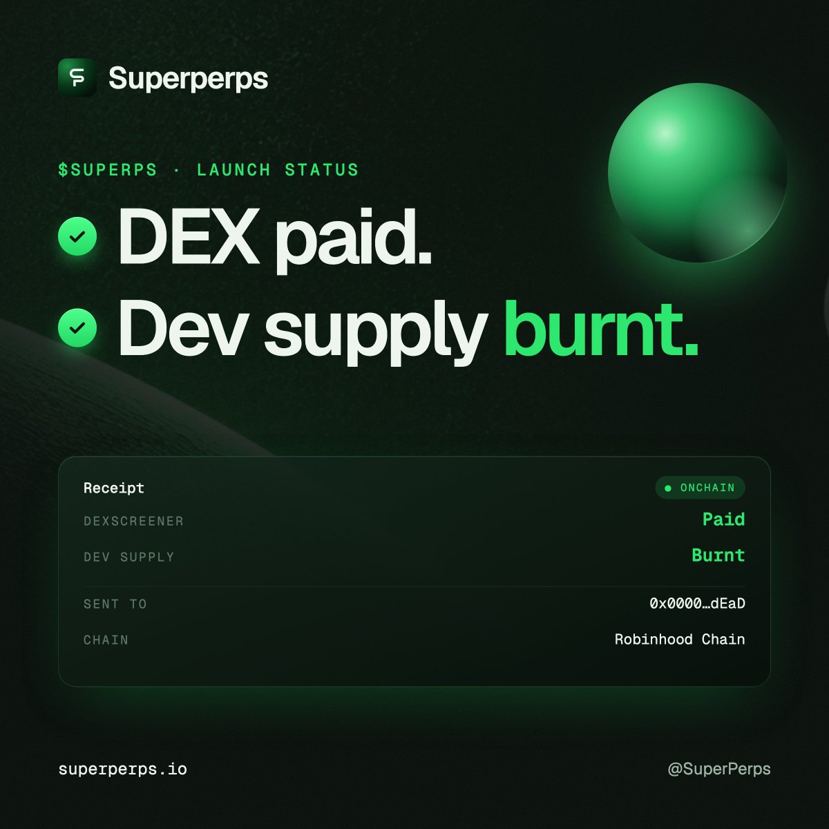 SuperPerps's tweet photo. $SUPERPS DEX paid. Dev supply burnt. https://t.co/dYTdShDuwm