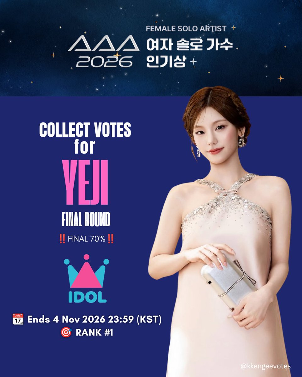 kkengeevotes's tweet photo. 🏆AAA FINAL ROUND🏆

KEEP COLECTING ON IDOLCHAMP FOR YEJI! ✊️ We have a long fight ahead!!

📅 28 DAYS LEFT - MAXIMISE YOUR VOTES! Plan to drop your votes carefully

📱 1 device = max 2,000 ❤️/day

If you want to help with funds:
🔗https://t.co/GWBSAQoqPl https://t.co/YVFClXlD1r