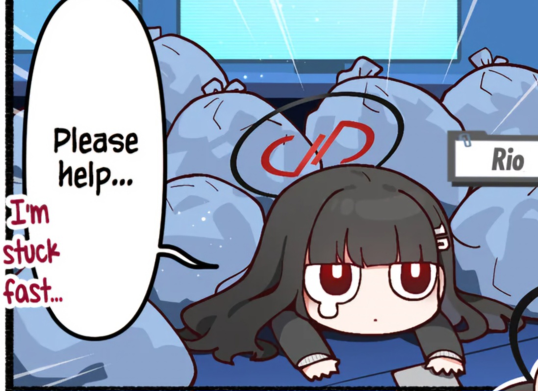 FukuSenseA's tweet photo. The Blue Archive comics' depiction of Rio (who is known as a rational and serious-minded person) as a clumsy girl who always needs help cooking, cleaning, or being pulled out from under waste bags has to be one of my favourite things about her  ~_~ https://t.co/jP9Z4nfNwS