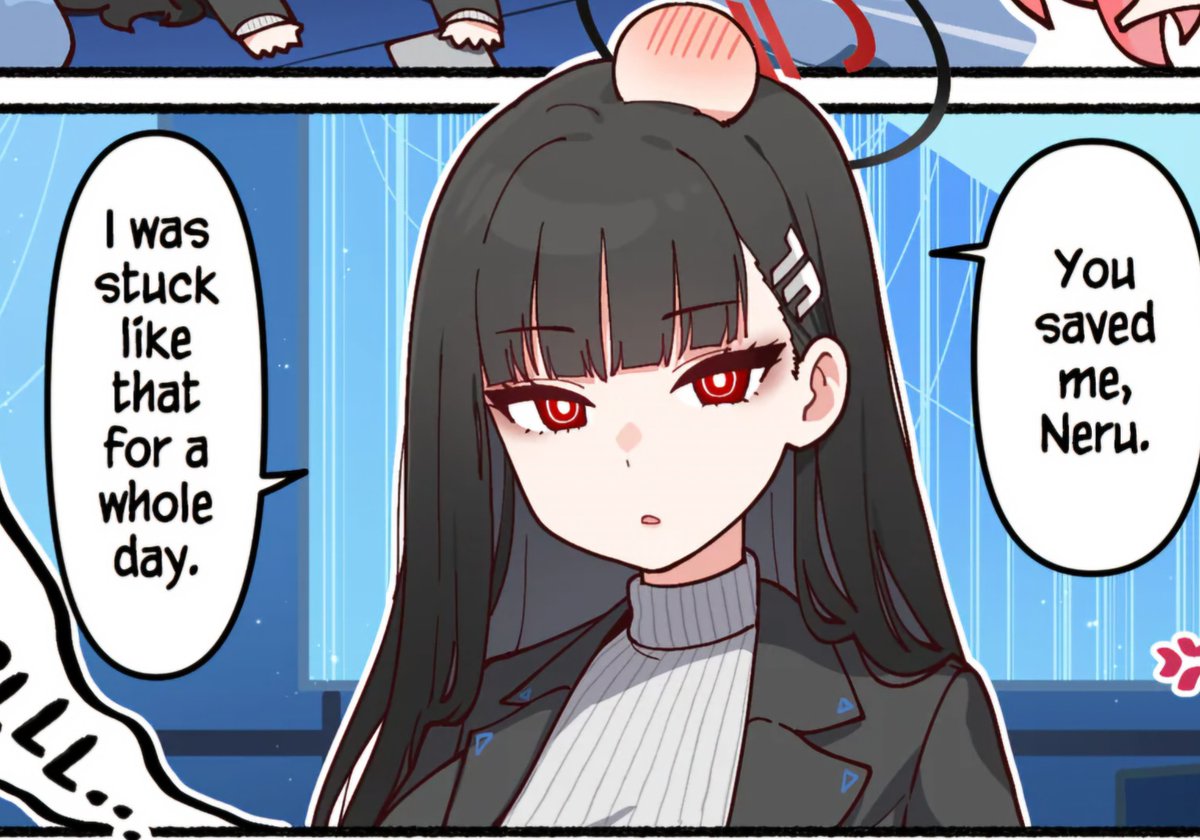FukuSenseA's tweet photo. The Blue Archive comics' depiction of Rio (who is known as a rational and serious-minded person) as a clumsy girl who always needs help cooking, cleaning, or being pulled out from under waste bags has to be one of my favourite things about her  ~_~ https://t.co/jP9Z4nfNwS