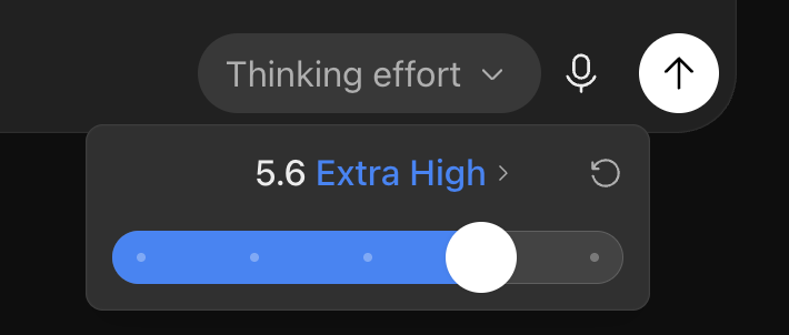 nwtgck's tweet photo. ChatGPT Chatで6 xhighが使えるようになったっぽい。5.6 Extra HighとExtra Highが区別されるUIになっていたので。 https://t.co/iTkzra5s9A