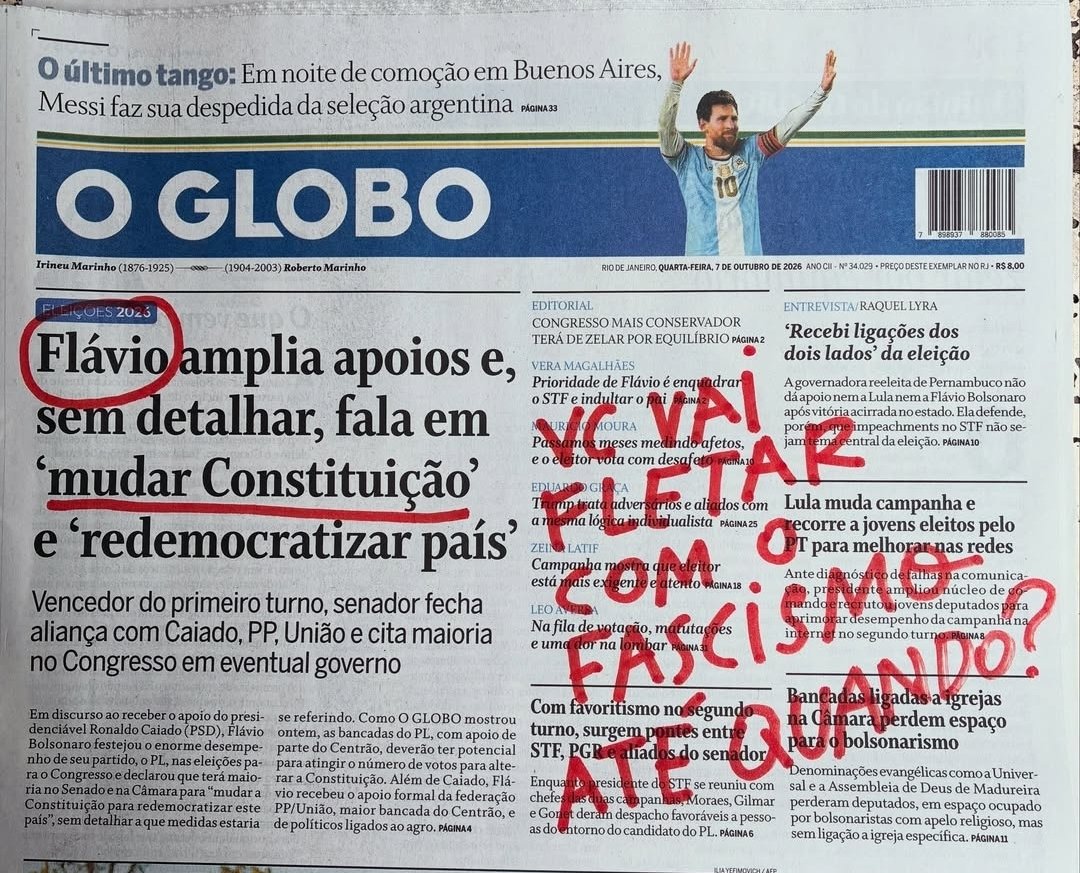 DistopiaBrazil's tweet photo. A Mídia apoiou o Golpe de 64, a Ditadura Militar, o Impeachment sem crime da Dilma, a prisão Ilegal do Lula, passou pano para a Lava-jato, o Genocídio em Gaza, o 8 de janeiro.
E é claro, apoia o filhote do Genocida. https://t.co/JfCwNi52wm