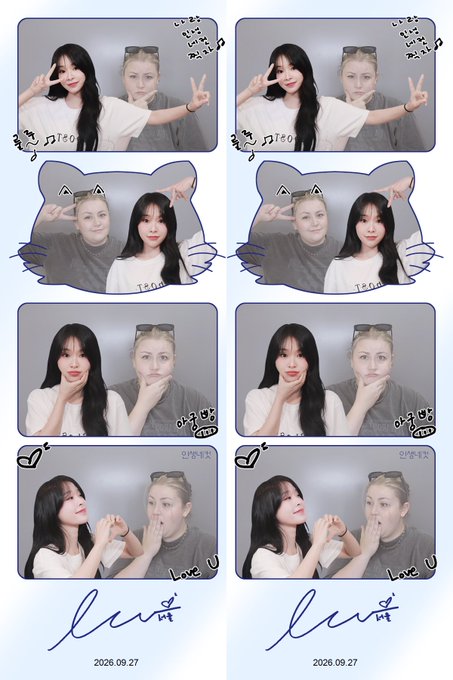 A photo booth strip showing two women making various poses and peace signs, with handwritten Korean text, dates of '2026.09.27', and the word 'live' at the bottom.