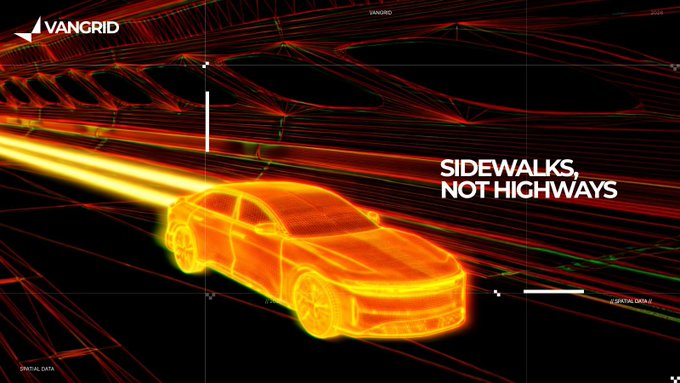A digital wireframe graphic of a car rendered in glowing red and yellow tones, featuring the text 'SIDEWALKS, NOT HIGHWAYS' next to the VanGrid logo.