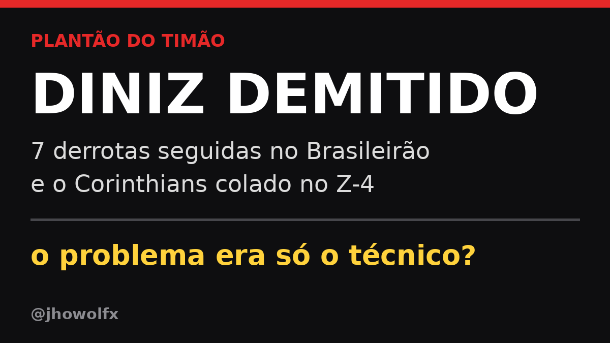 jhowolfx's tweet photo. gente, sete derrotas seguidas e o corinthians colado no Z-4... demitir o diniz agora resolve ou o problema é bem maior que o técnico?

quem vocês colocariam lá? fala aí https://t.co/GRiIdcBNLU