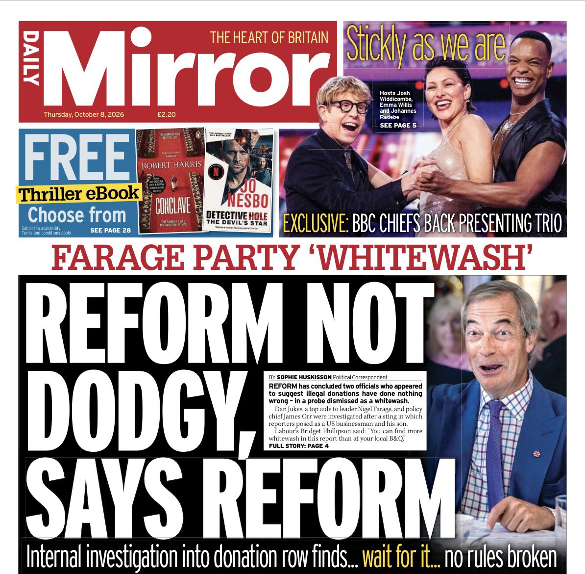 CliveWismayer's tweet photo. Mirror front page. The paper grows on me. https://t.co/NNultAkG4P