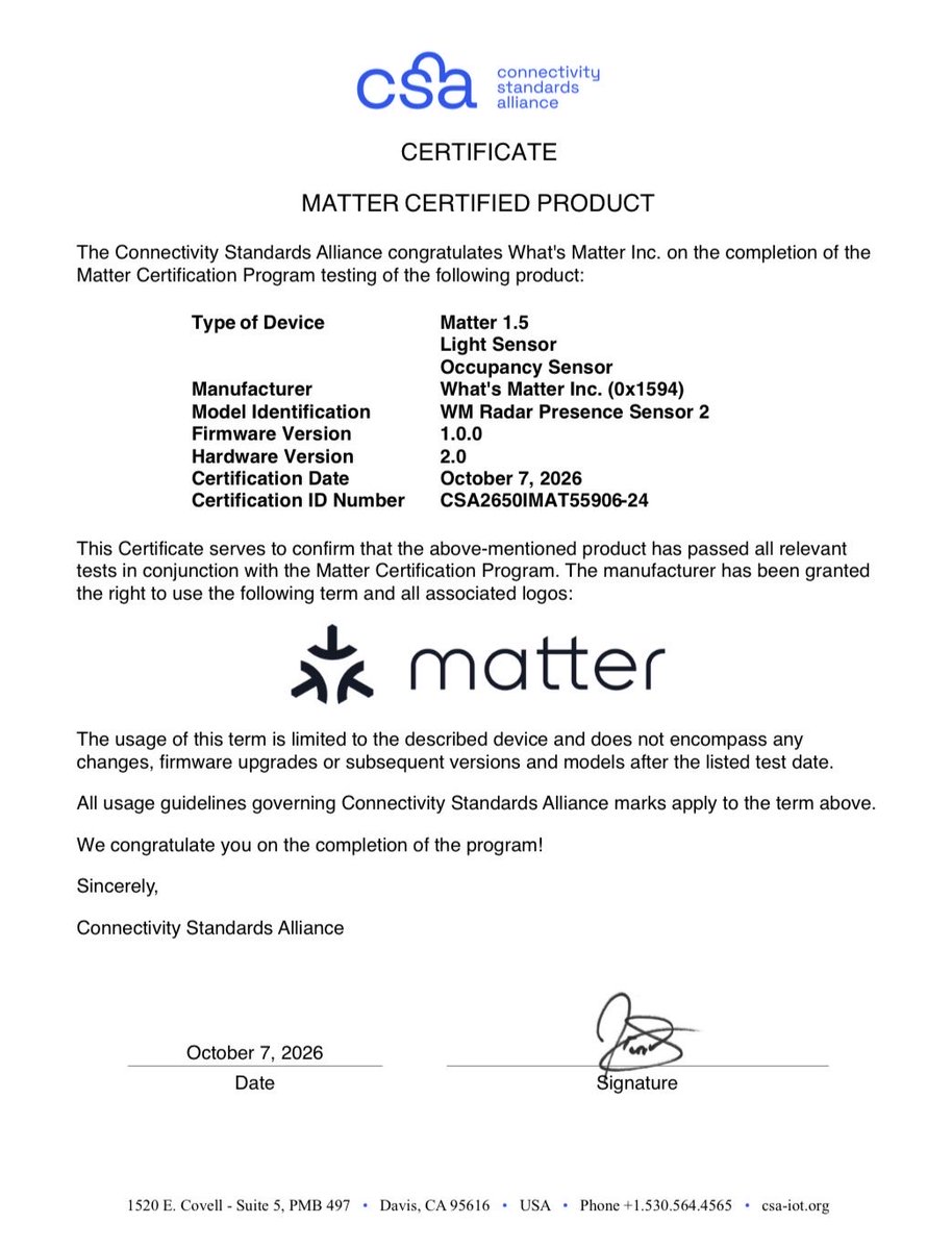 budopar's tweet photo. We, What's Matter Inc., are the No. 1 company regarding to the Matter protocol and device development in Korea (except  and Samsung). We acquired the 14th CSA Matter certification today. Waiting for collaboration or cooperation opportunities!! 

@csaiot  #SpatialIntelligence https://t.co/5rw7rbnAl3